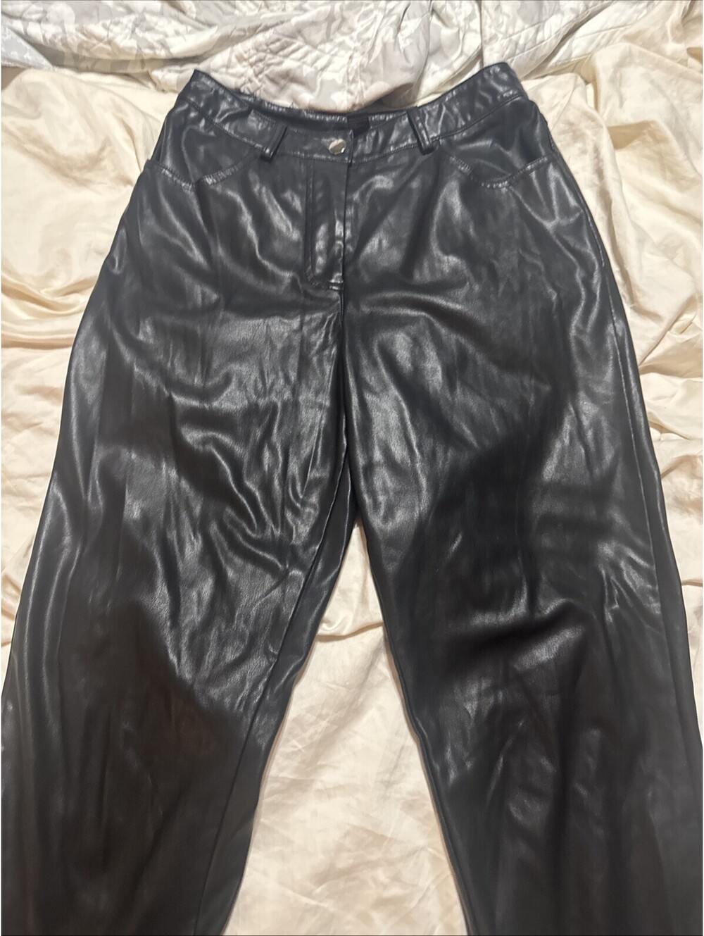 Forever 21 Size S Faux Black Leather Ankle Slit Long Straight Leg Pants
